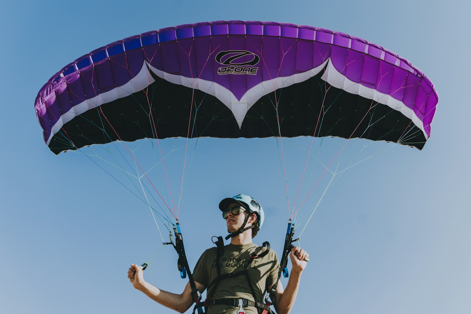 man in green jacket and black helmet riding on blue and white parachute